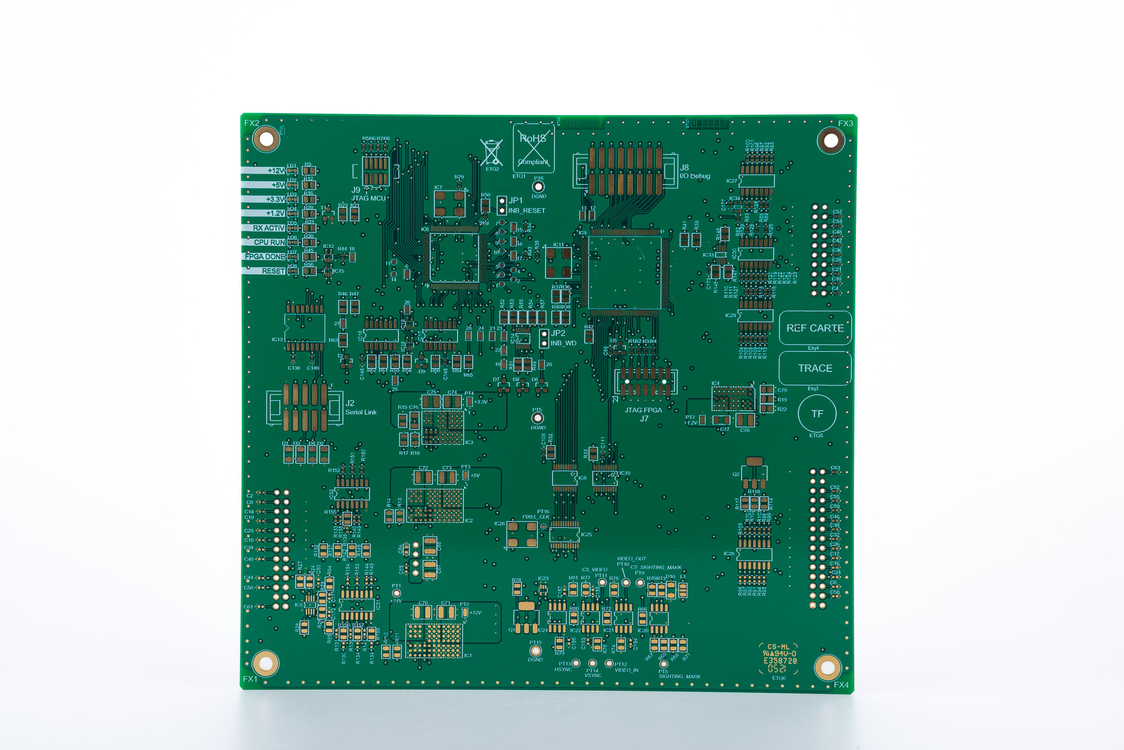 Bare PCB example | GlobalWellPCB Unpopulated green printed circuit board with fine-pitch pads, copper traces and mounting holes