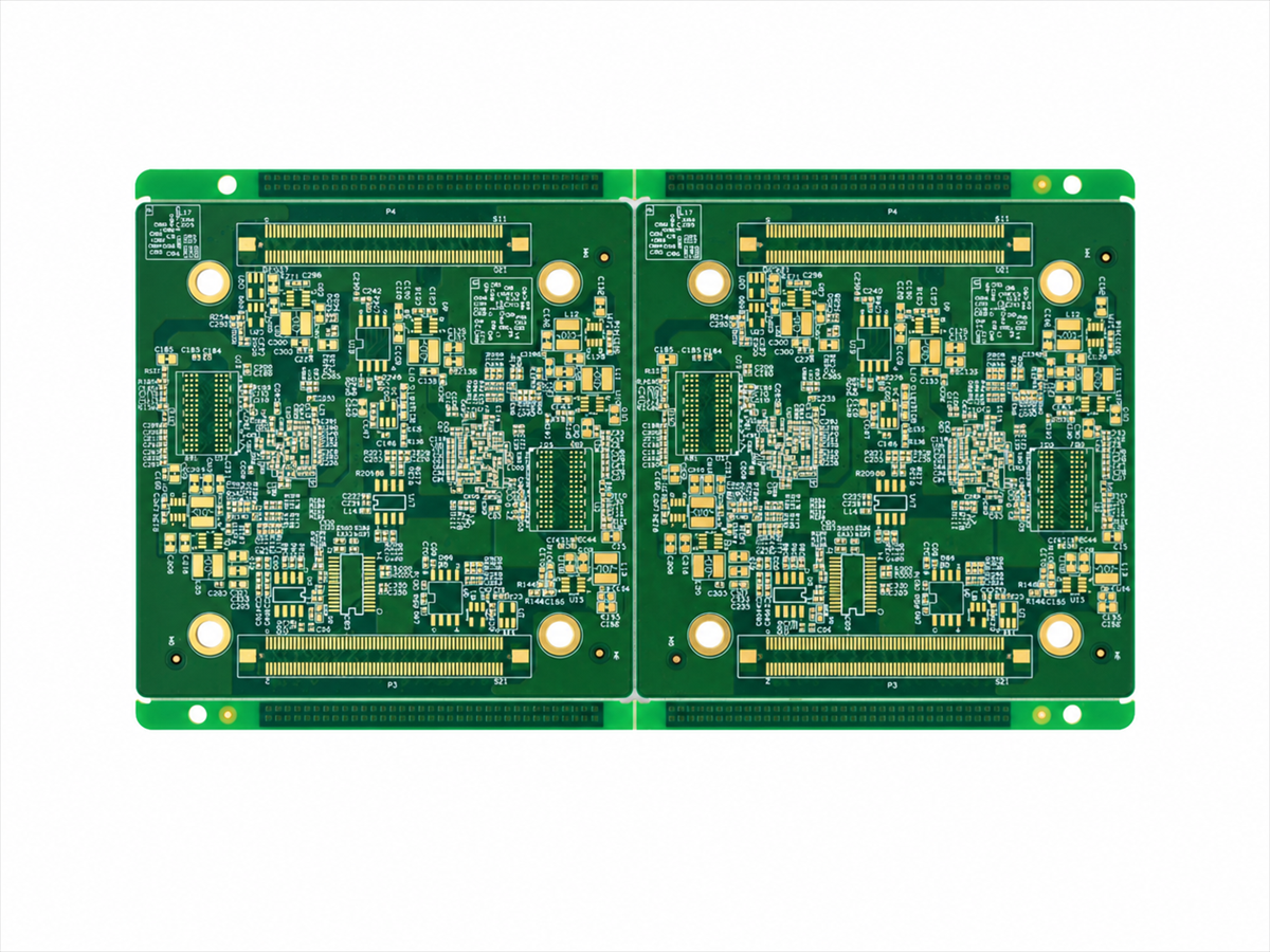 Heavy-copper PCB panel with green solder mask and gold pads