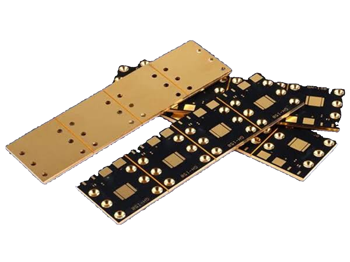 Metal-core PCB product samples on a white background