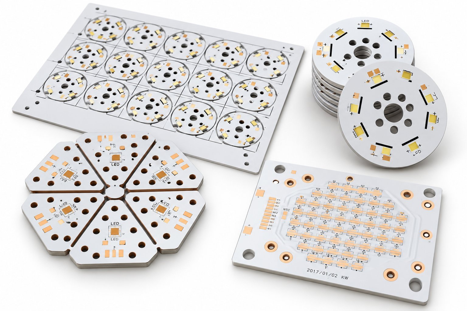 White LED circuit board panels, stacked circular boards and wedge-shaped boards with copper pads and mounting holes