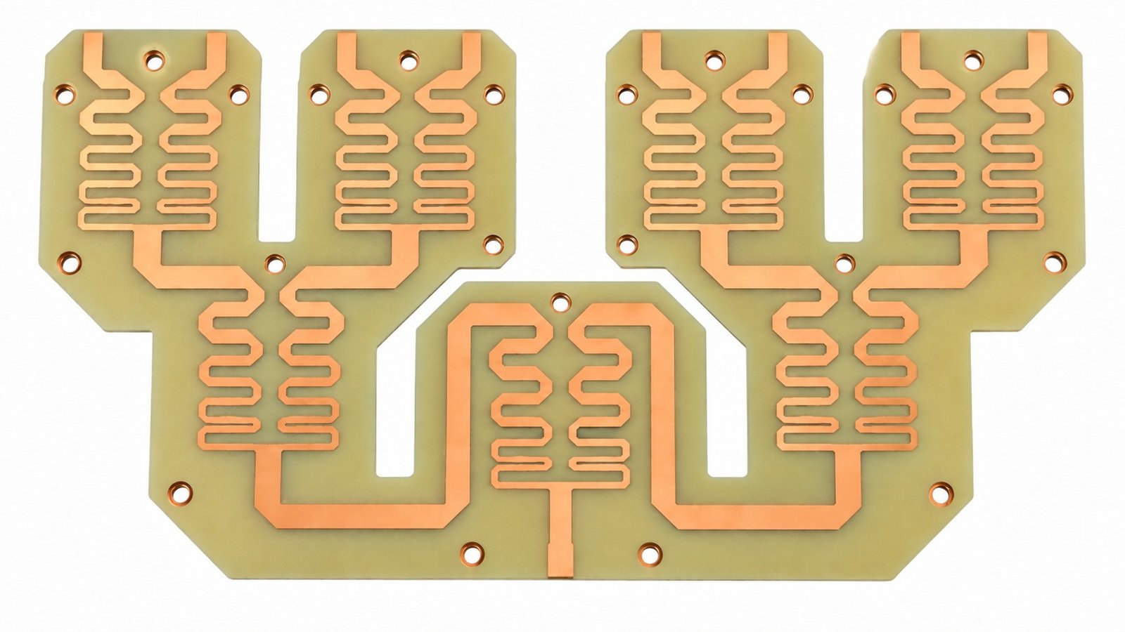 Antenna PCB with branching meandered copper traces and plated holes on a pale substrate