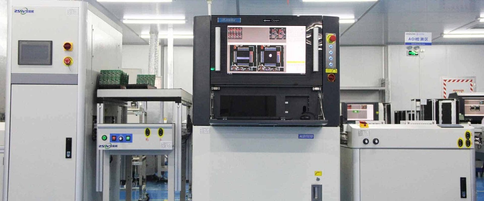 Optical-inspection equipment example | GlobalWellPCB Optical-inspection equipment with a monitor and adjacent conveyor modules