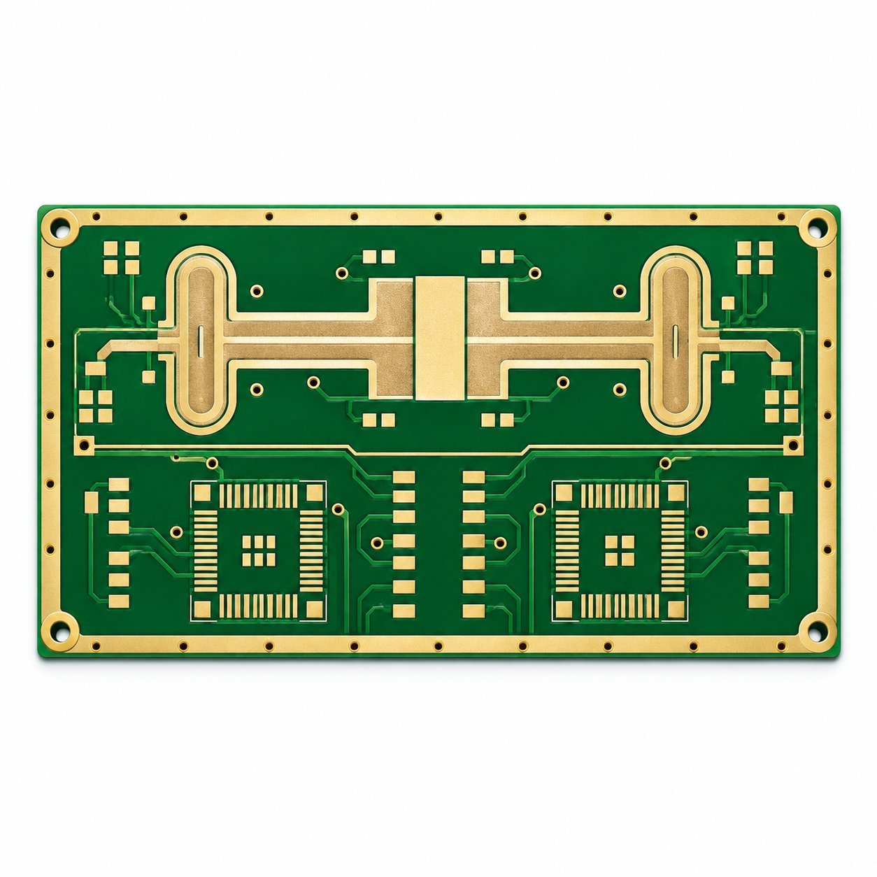 PCB Manufacturing Example | GlobalWellPCB Green PCB with gold-colored circuit patterns and mounting holes on a white background