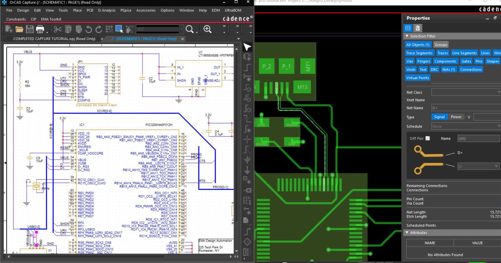 Schematic and PCB layout screen | GlobalWellPCB Computer interface displaying an electronic schematic beside a circuit-board layout