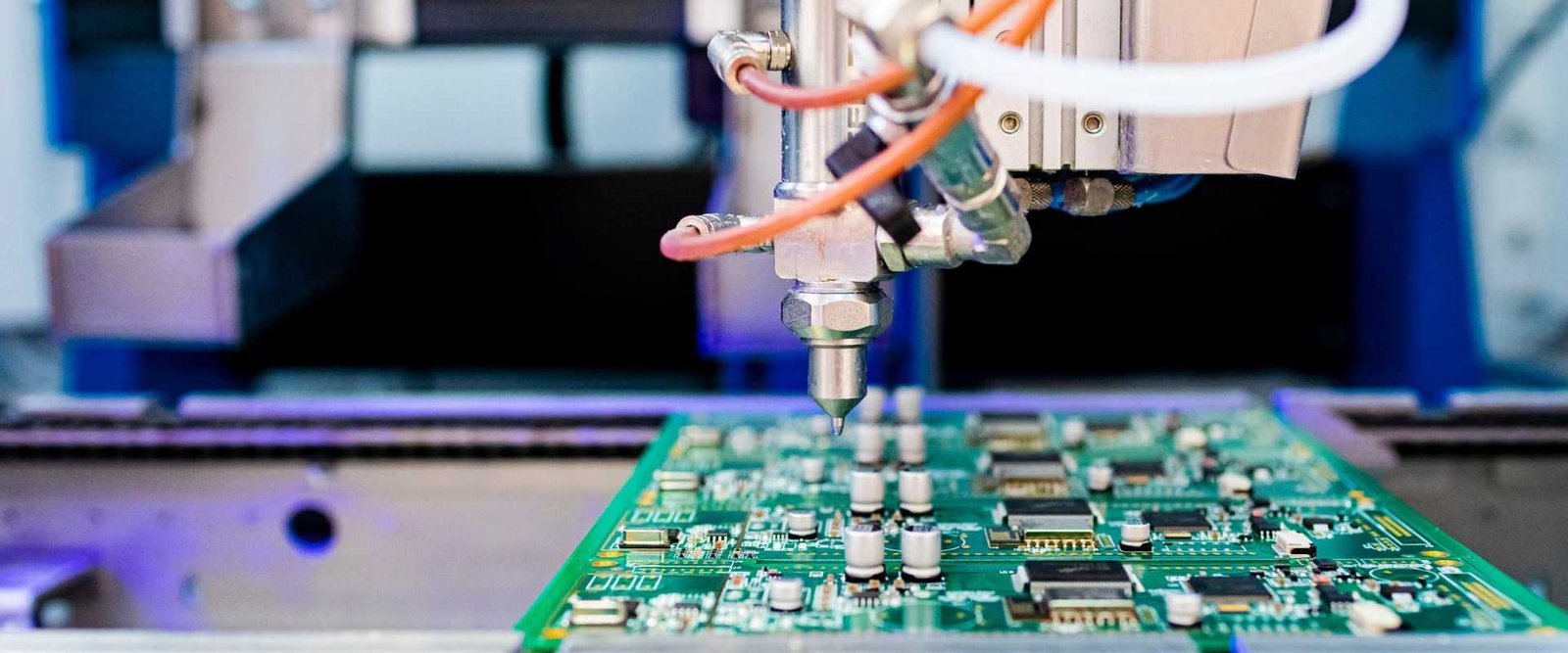 Automated coating head positioned above a populated circuit board