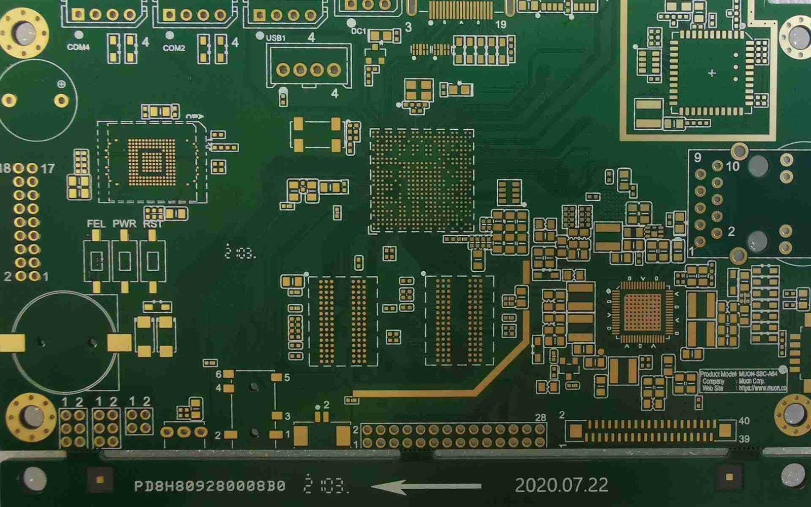 Dense circuit board layout | GlobalWellPCB Green bare circuit board with dense copper traces and component footprints