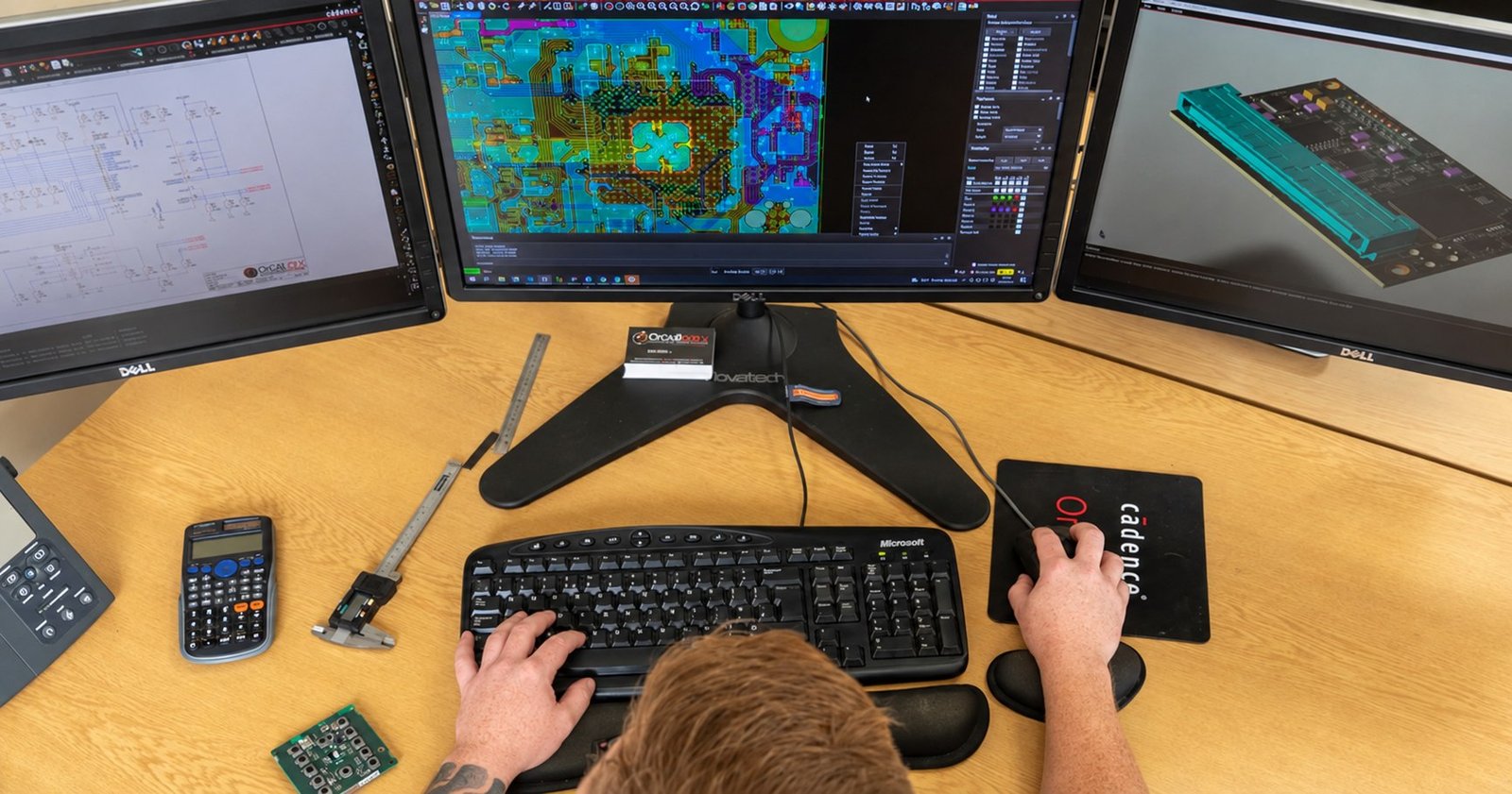 PCB design review desk | GlobalWellPCB Workstation with circuit-design screens, a keyboard and sample circuit boards
