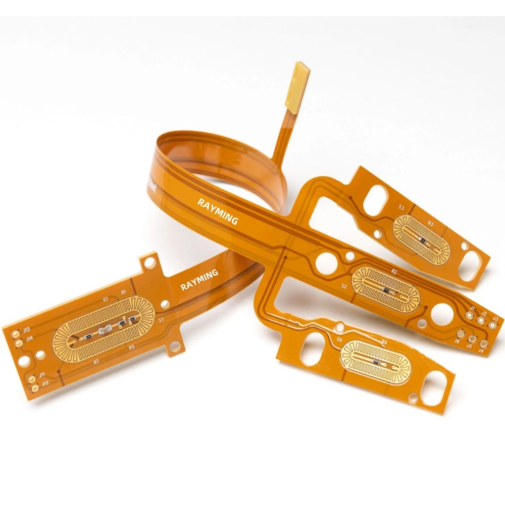 Flexible circuit sample loops | GlobalWellPCB Several amber flexible circuit samples arranged in curved loops