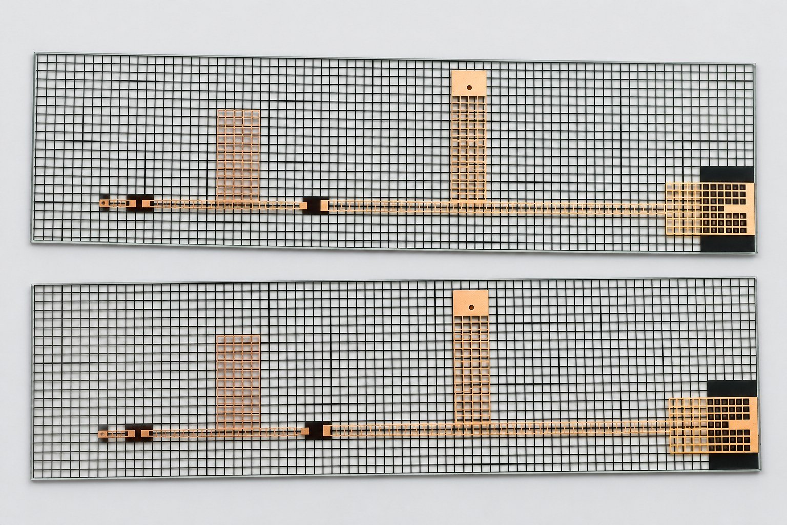 Glass circuit substrate samples | GlobalWellPCB Two glass circuit substrate samples with grid patterns and copper-colored contact pads