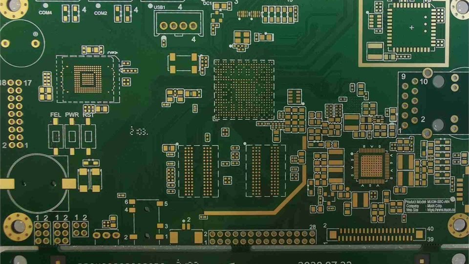 Dense circuit board layout | GlobalWellPCB Green bare circuit board with dense copper traces and component footprints