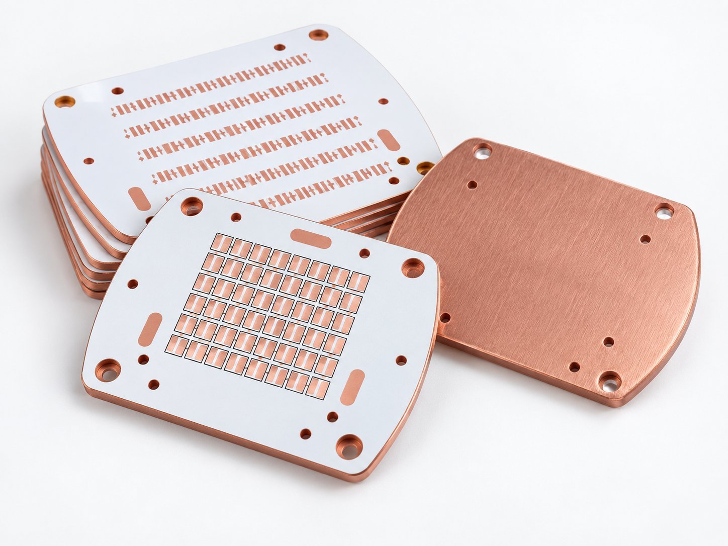 Copper-backed PCB Panels | GlobalWellPCB Copper-backed circuit board panels with white surfaces, exposed copper pads and mounting holes