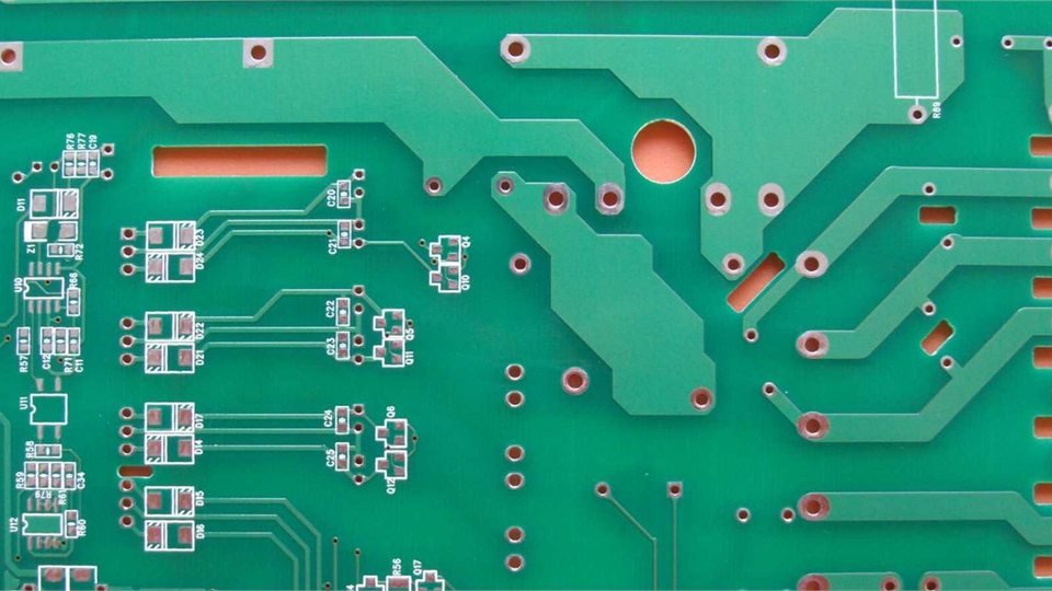 Heavy copper PCB sample | GlobalWellPCB Green bare circuit board with wide copper paths, pads and mounting holes