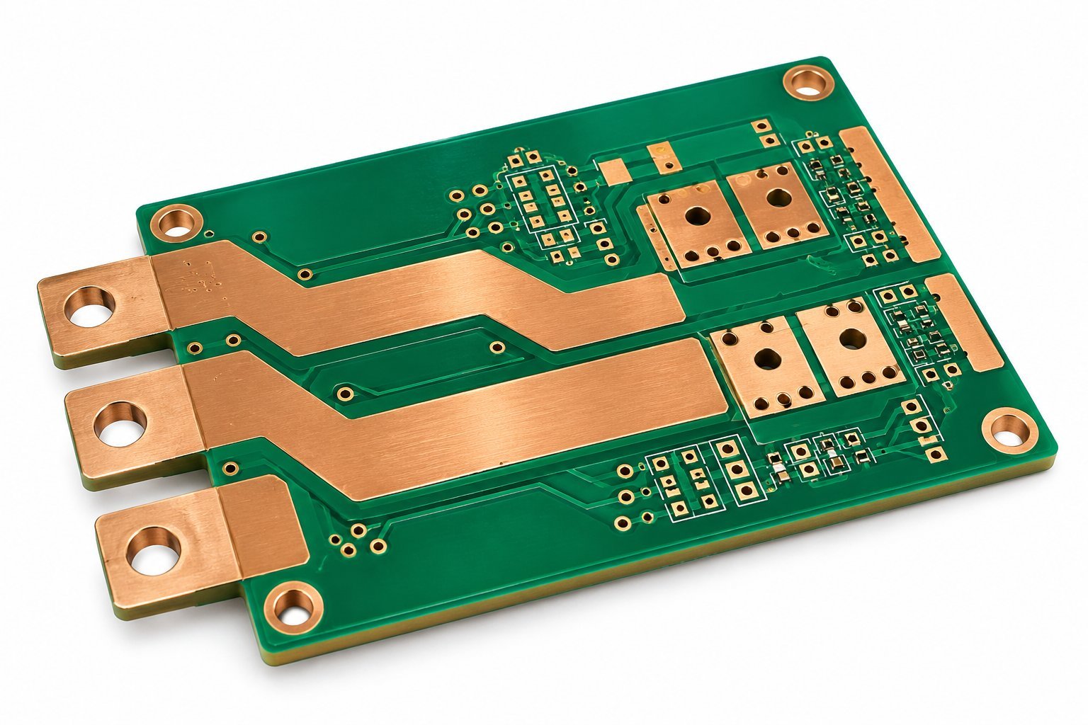 Green circuit board with wide exposed copper paths, power terminals and mounting holes