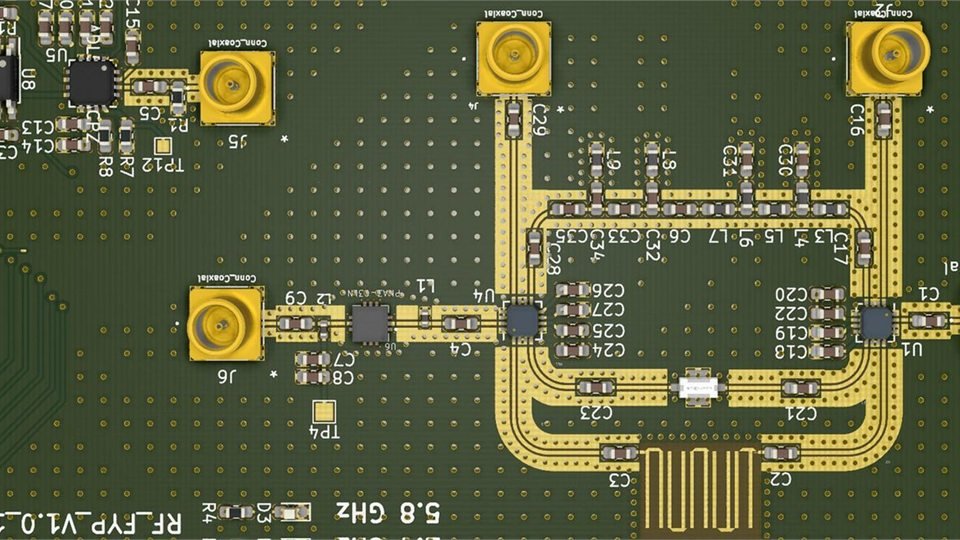 RF circuit board routing | GlobalWellPCB Green bare circuit board with RF-style trace patterns and large ground areas