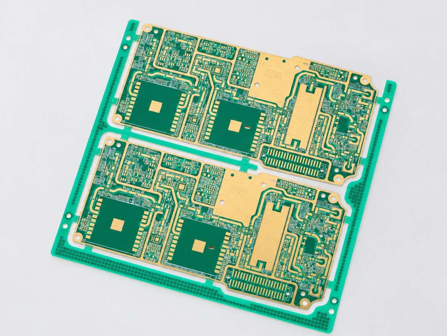 Bare PCB panel sample | GlobalWellPCB Green bare PCB panel with two board outlines and gold-colored contact pads
