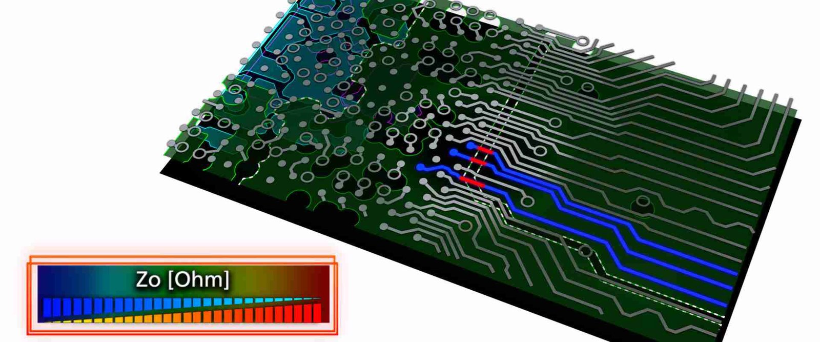 PCB impedance simulation illustration | GlobalWellPCB Circuit-board design illustration with colored layers and an impedance inset