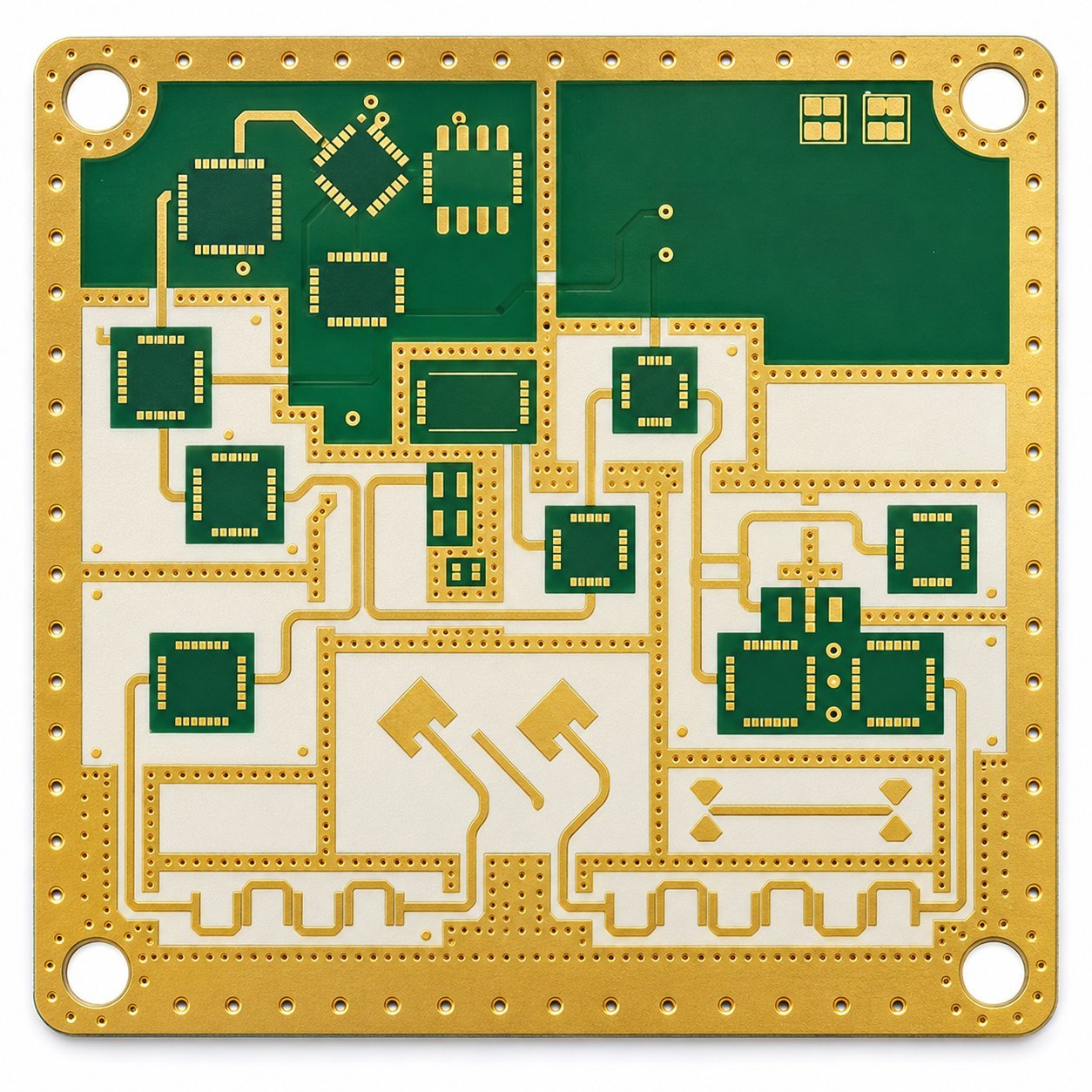 Automotive Radar PCB Example | GlobalWellPCB Square green and gold circuit board with RF conductor patterns and four corner mounting holes