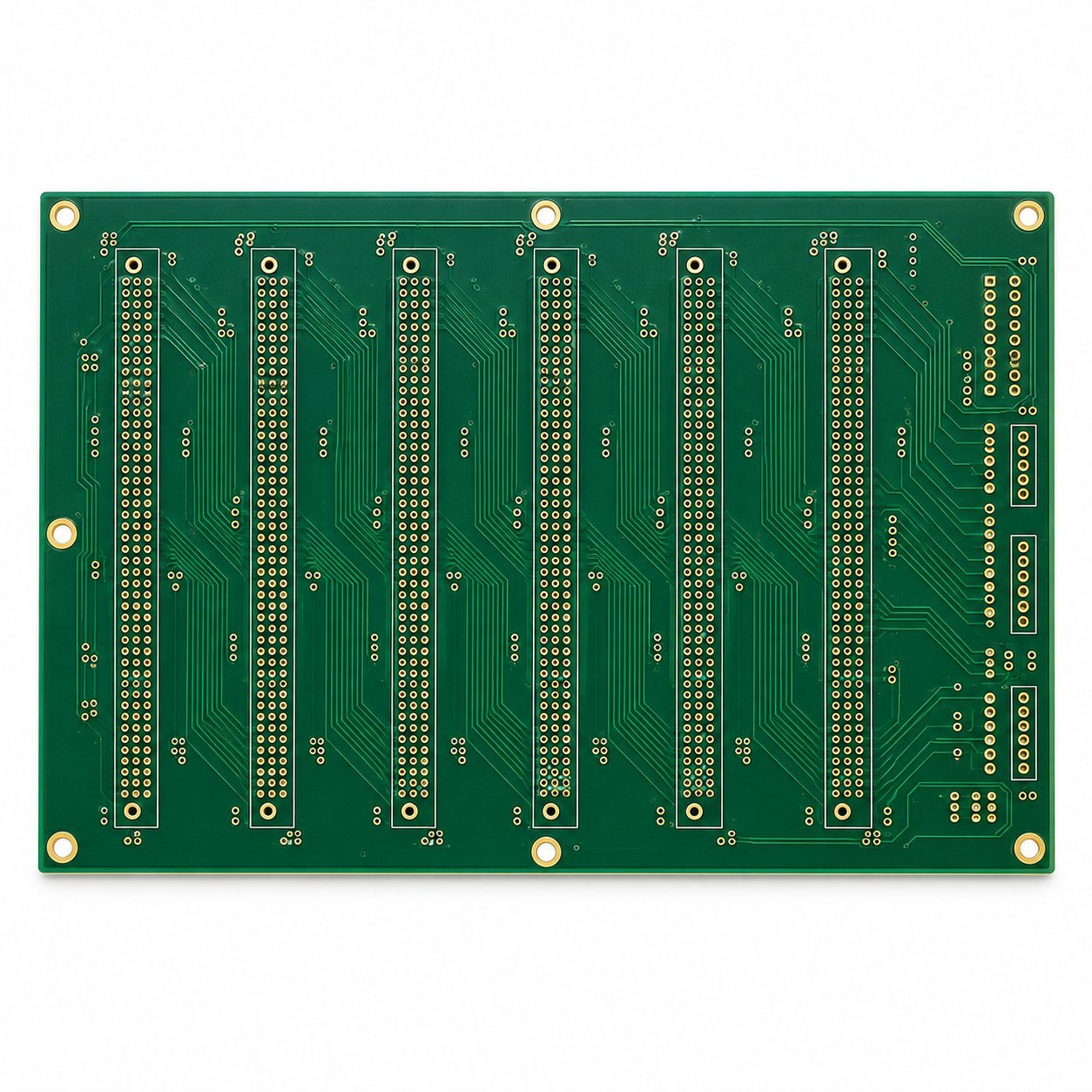 Networking and Backplane PCB Example | GlobalWellPCB Green backplane PCB with rows of through-hole connector pads on a white background