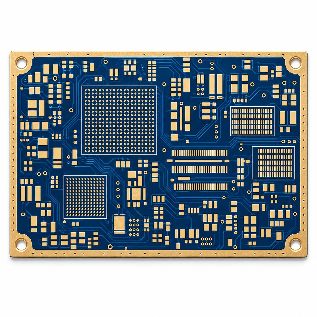 Blue PCB with dense BGA pads, gold-colored contacts, traces and mounting holes