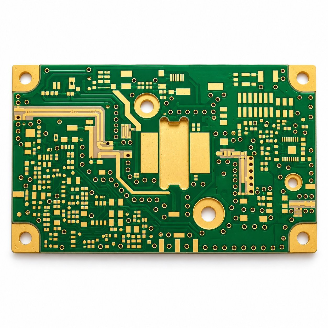 Green PCB with gold-colored pads, copper features and mounting holes