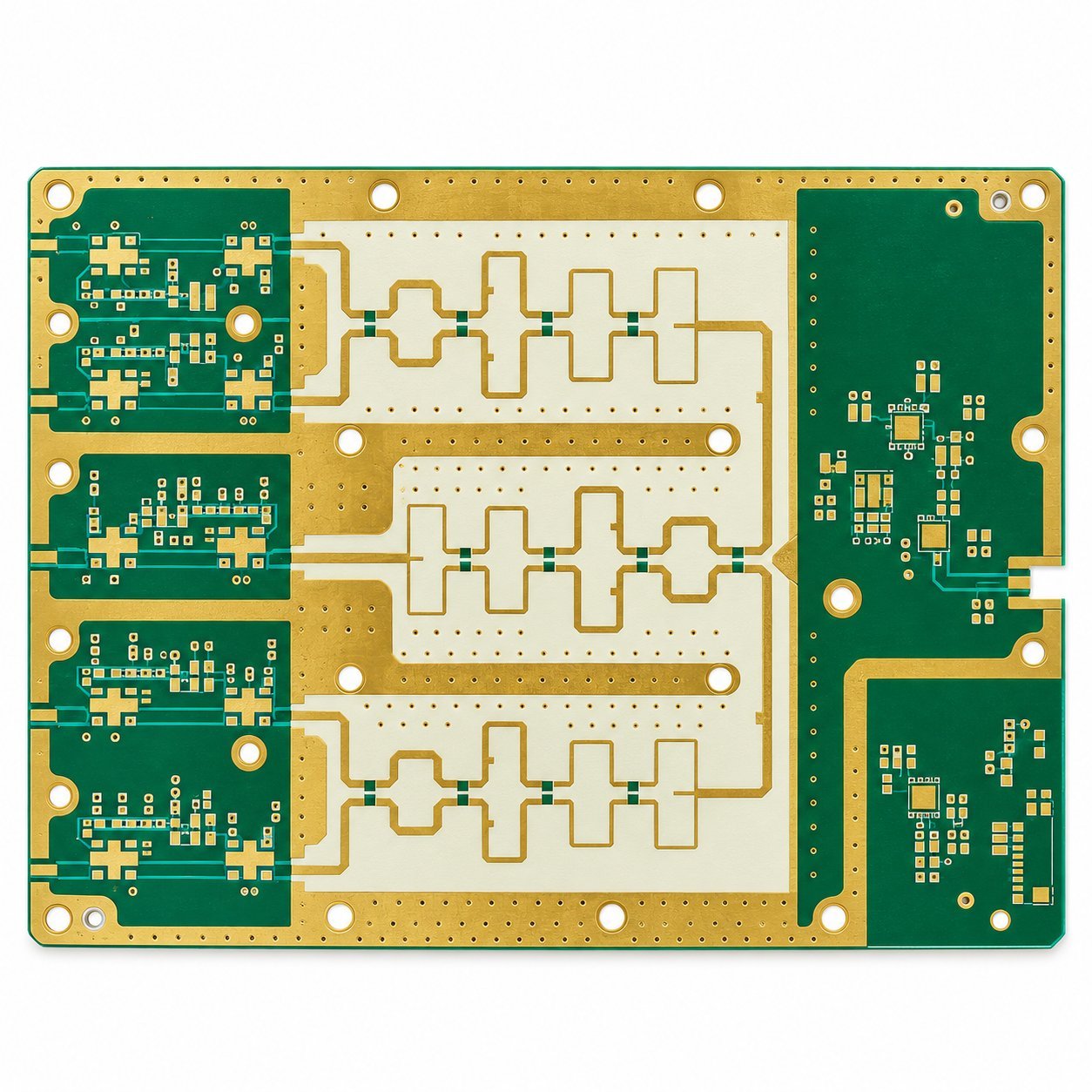 RF and Microwave PCB Example | GlobalWellPCB Green and gold RF circuit board with patterned conductors and plated mounting holes