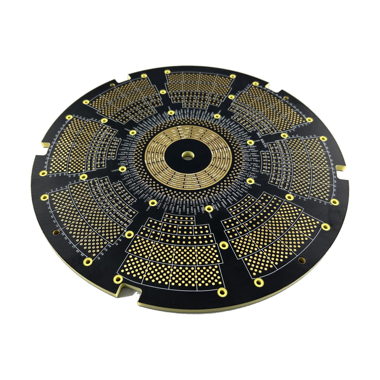 Semiconductor Test PCB Example | GlobalWellPCB Circular black semiconductor test PCB with gold contact pads and a central mounting hole