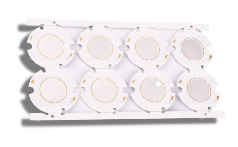 Linear lighting PCB panel | GlobalWellPCB White lighting board panel with circular outlines, contact pads and mounting holes