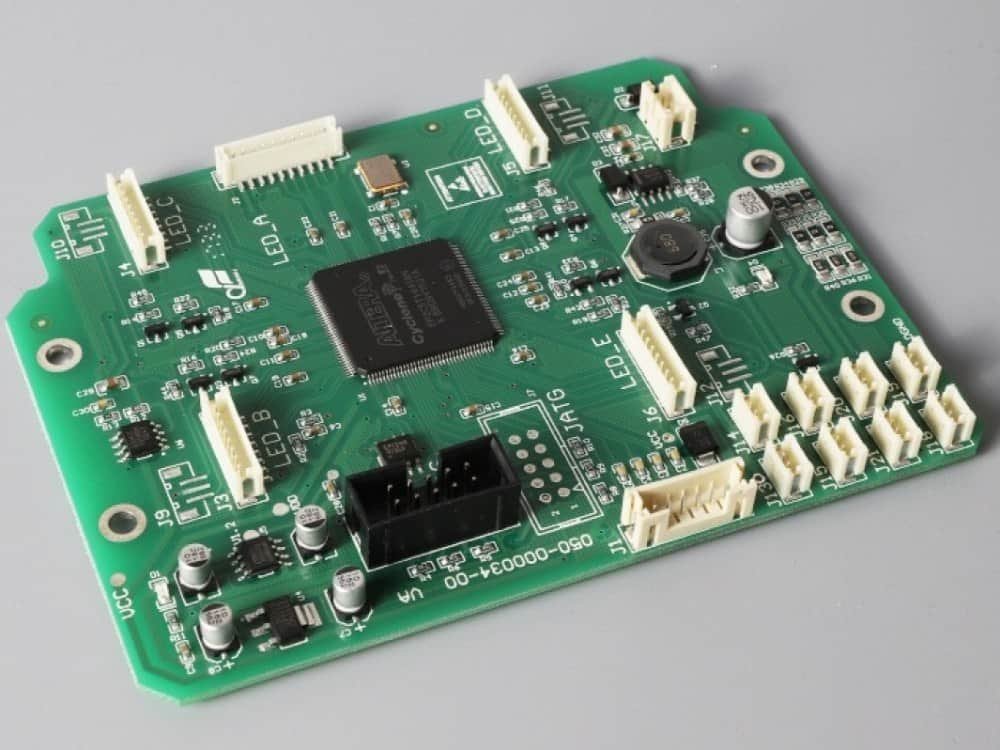 Medical controller board example | GlobalWellPCB Green controller-board assembly with white connectors and mounted electronic components