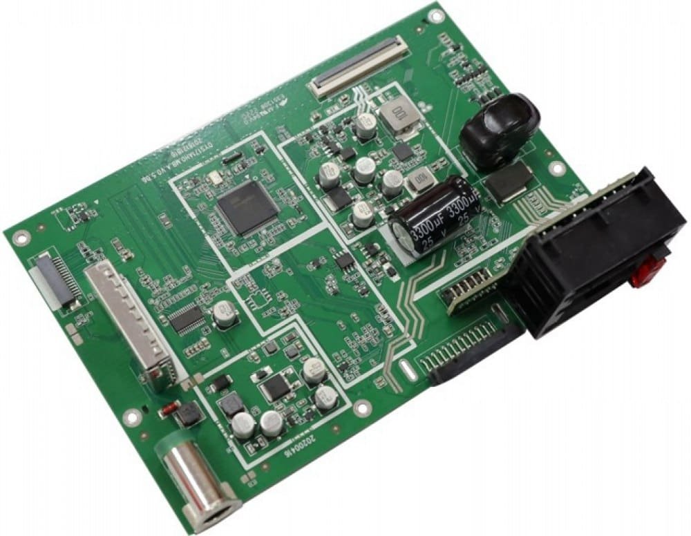 Medical electronics board example | GlobalWellPCB Green populated circuit board with integrated circuits and black connector housings