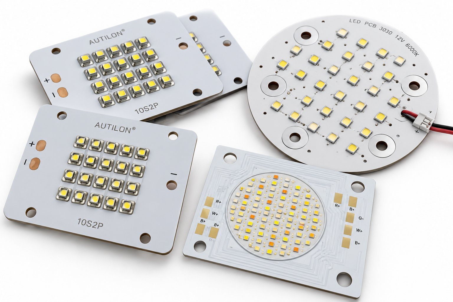 LED Circuit Board Modules | GlobalWellPCB Square and round LED circuit boards with surface-mounted LEDs, mounting holes and a wired connector