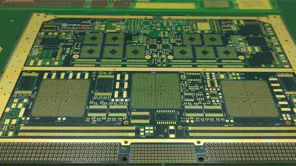 Multilayer PCB panel example | GlobalWellPCB Panel of bare circuit boards with dense traces, component pads and board outlines