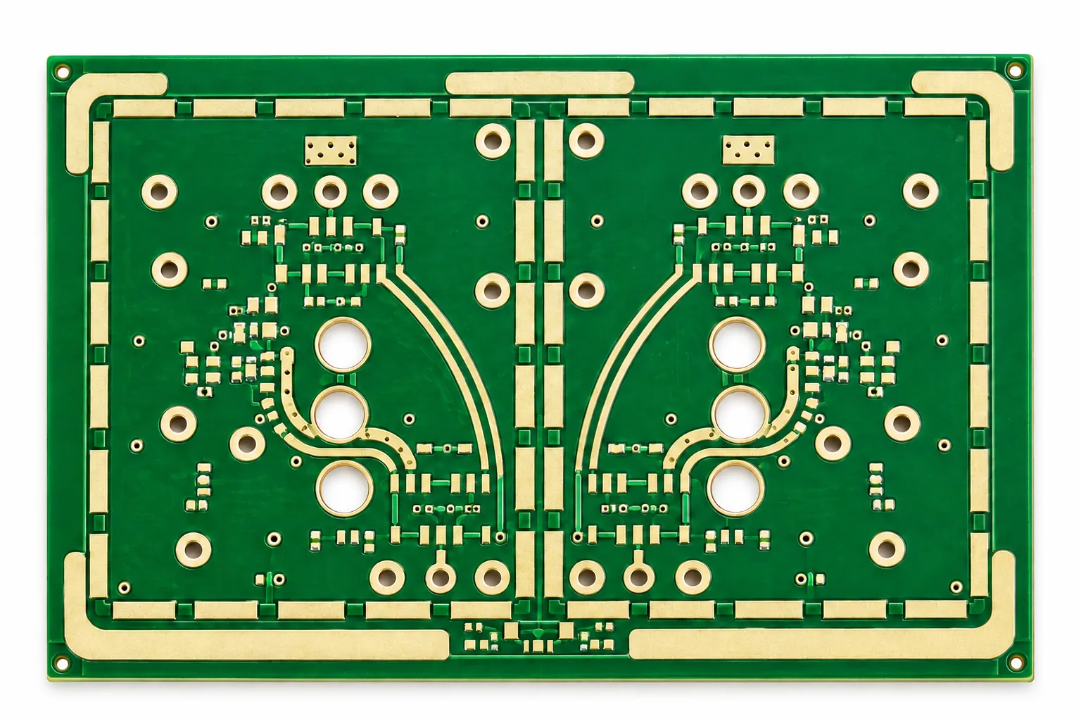 Green PCB with gold-colored traces, pads and mounting holes on a white background