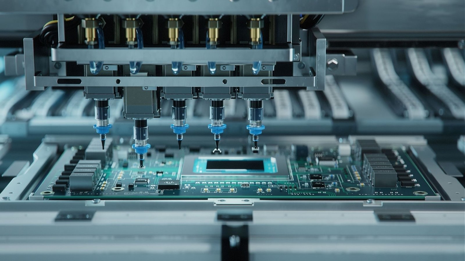 SMT Component Placement for PCB Assembly | GlobalWellPCB Multi-nozzle SMT placement head above a populated green circuit board with component feeders in the background