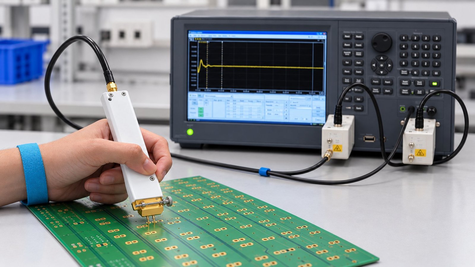 PCB Impedance Testing | GlobalWellPCB PCB impedance testing with a handheld probe and a measurement instrument