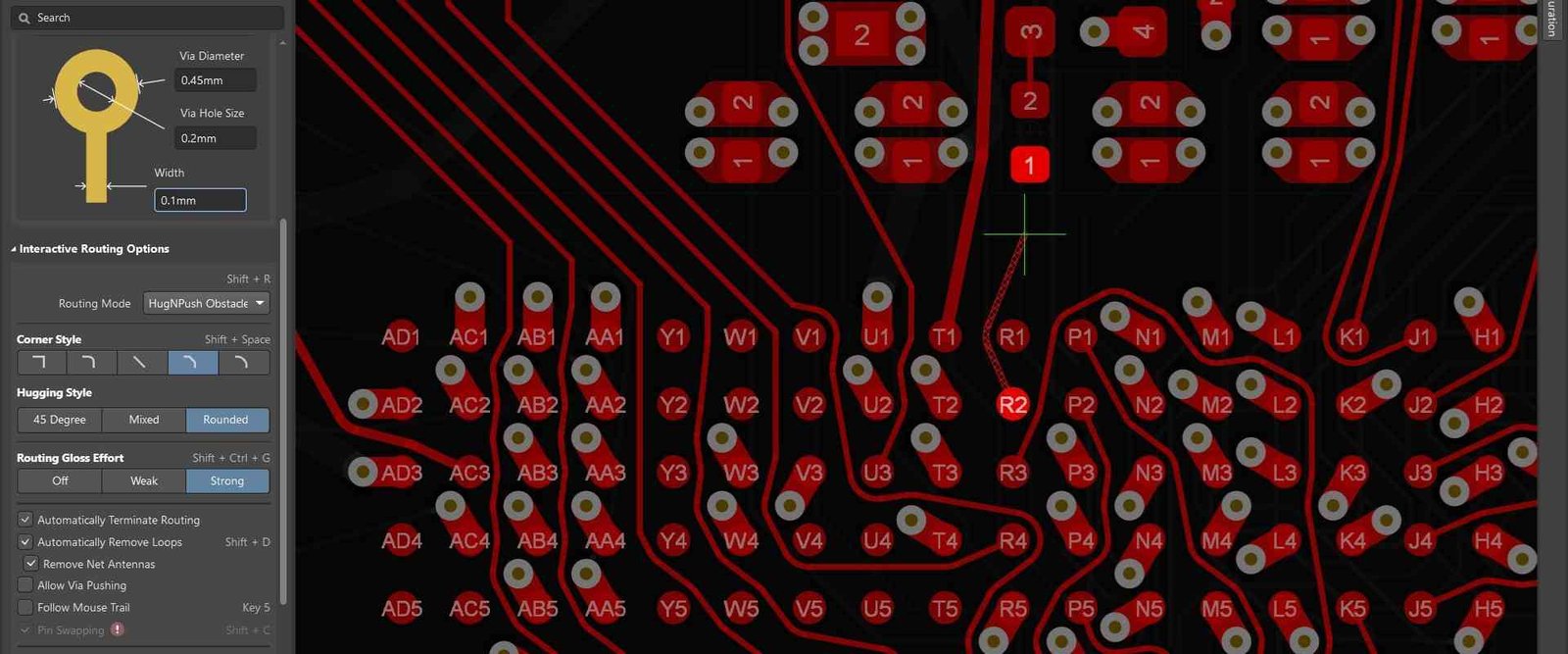 Circuit-board layout software showing copper routing, pad locations and design panels