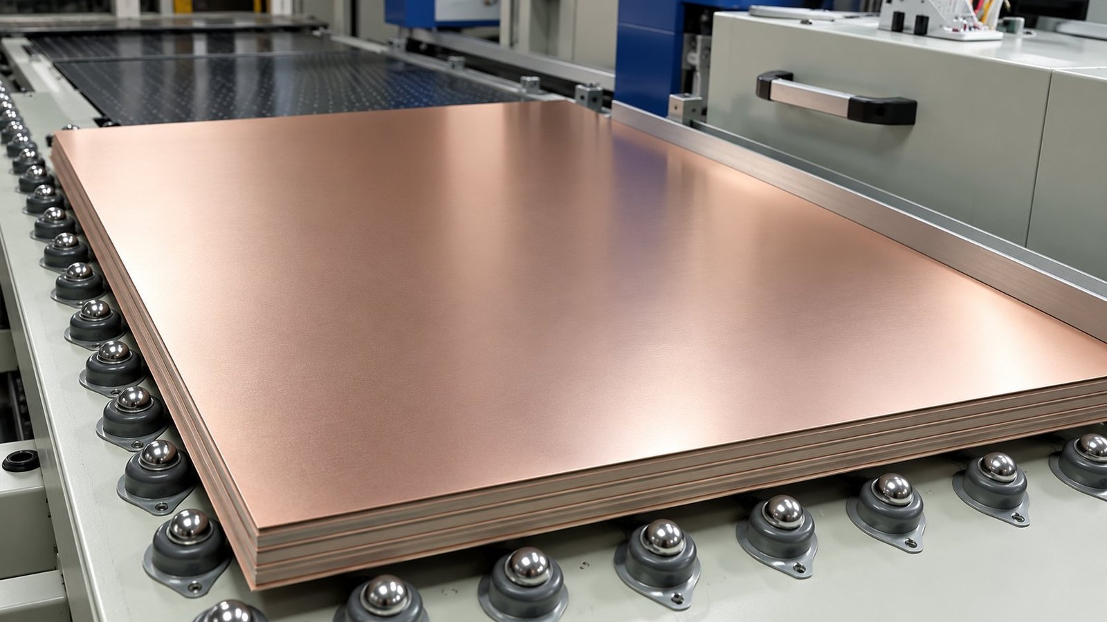 PCB Material Panels | GlobalWellPCB Stacked copper-colored panels on a ball-transfer table beside industrial production equipment