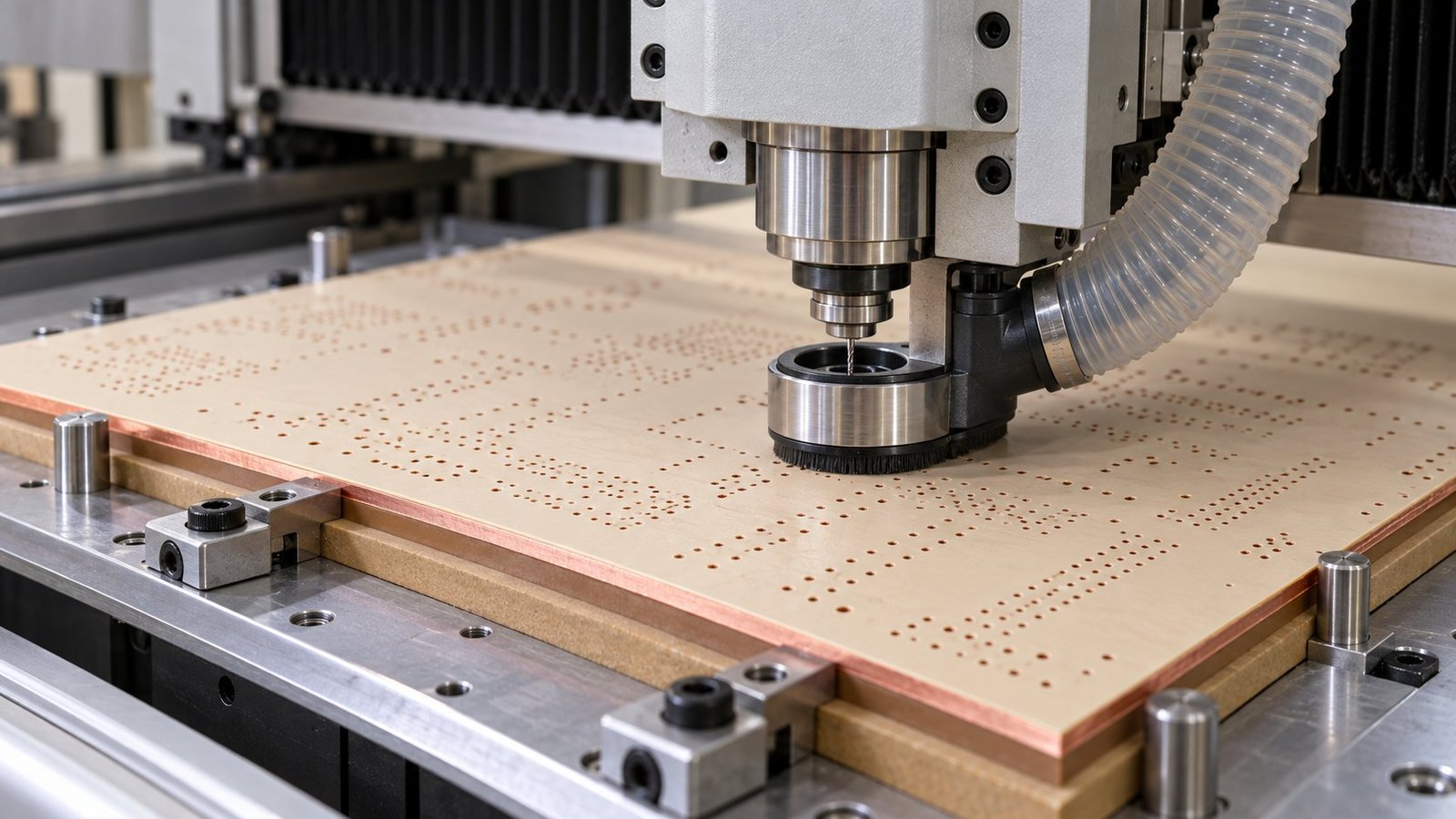 Mechanical PCB drilling spindle above a copper-clad panel with drilled holes