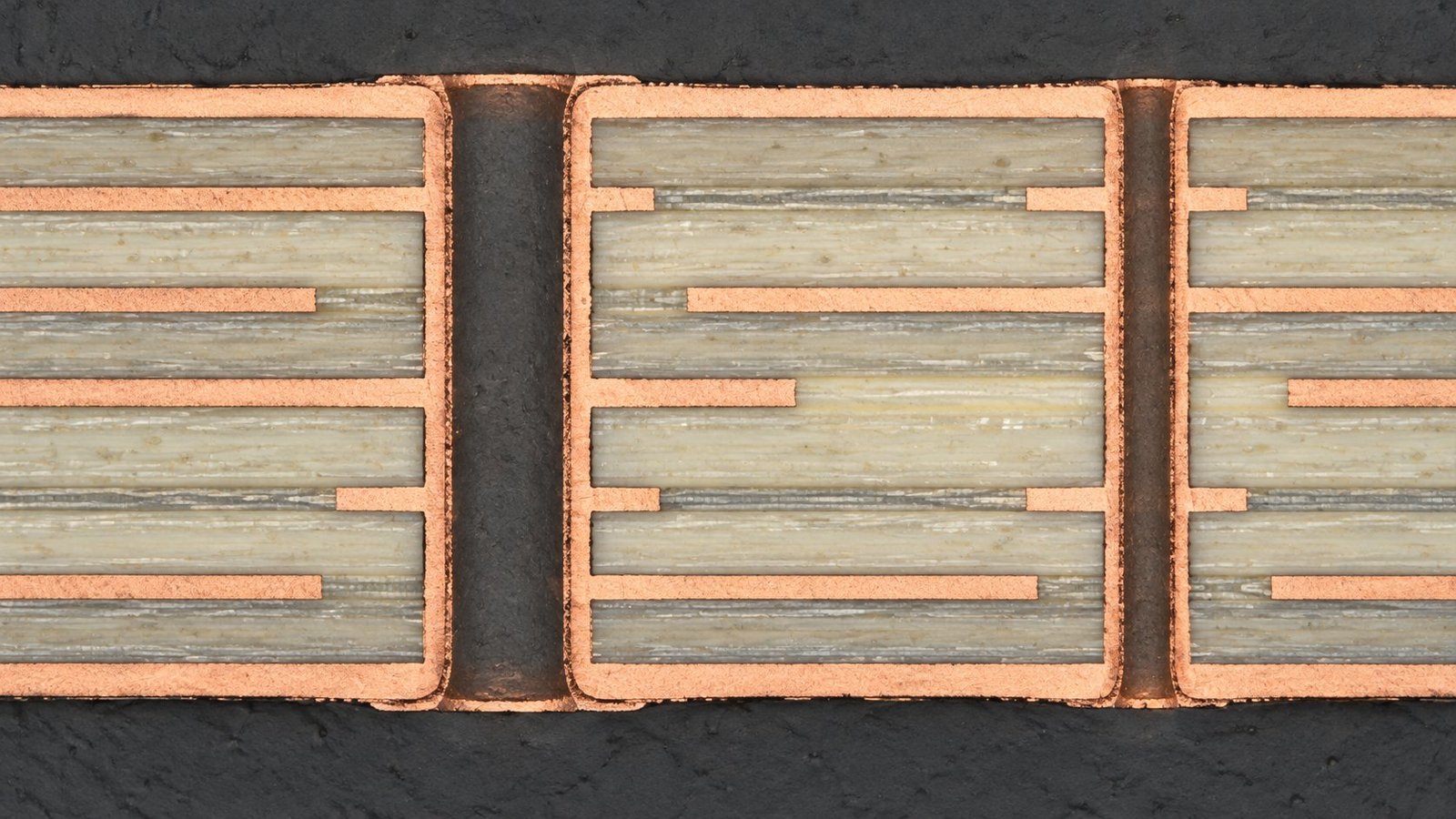 PCB Microsection Inspection | GlobalWellPCB PCB microsection showing copper layers and plated through-hole walls