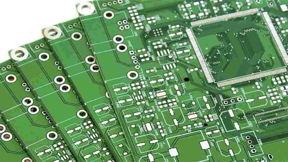 Bare PCB sample group | GlobalWellPCB Group of green bare circuit-board samples with traces, pads and mounting holes