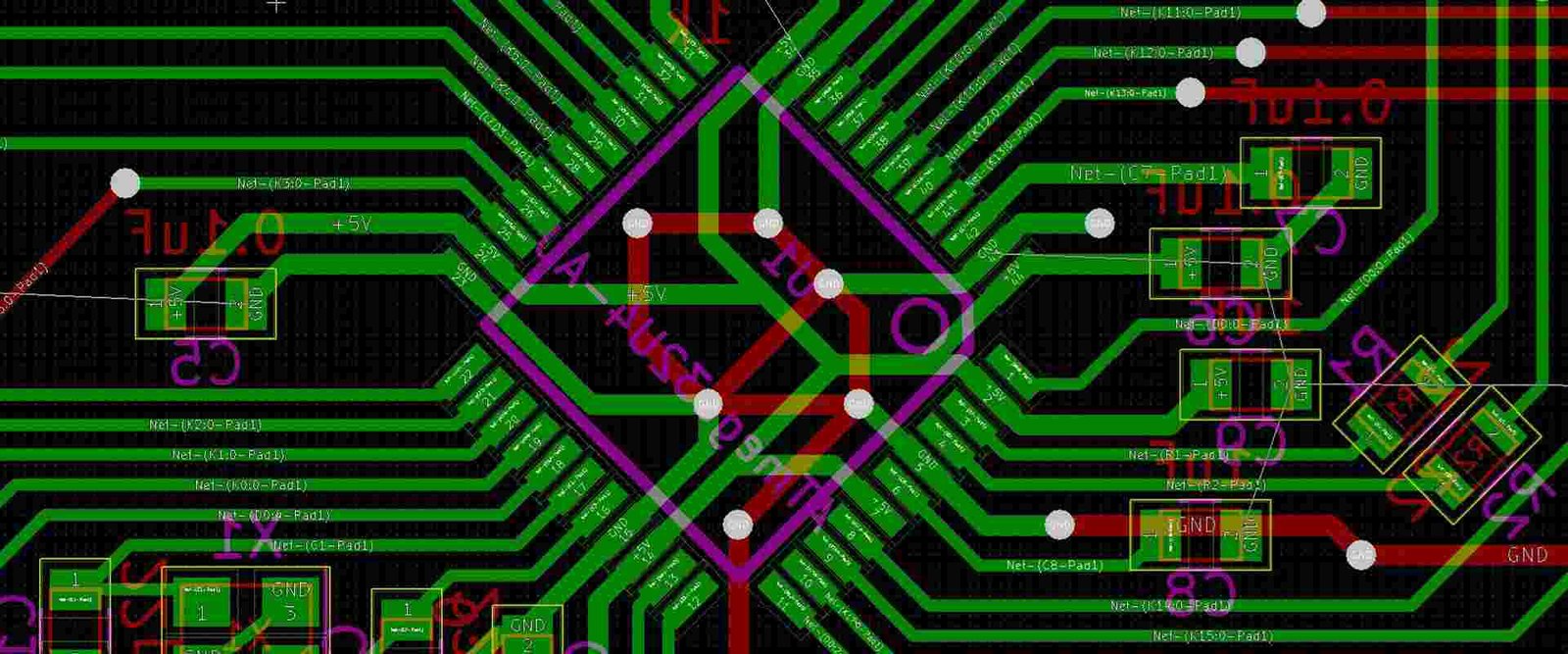 Close-up of a circuit-design interface with traces, pads and highlighted routing