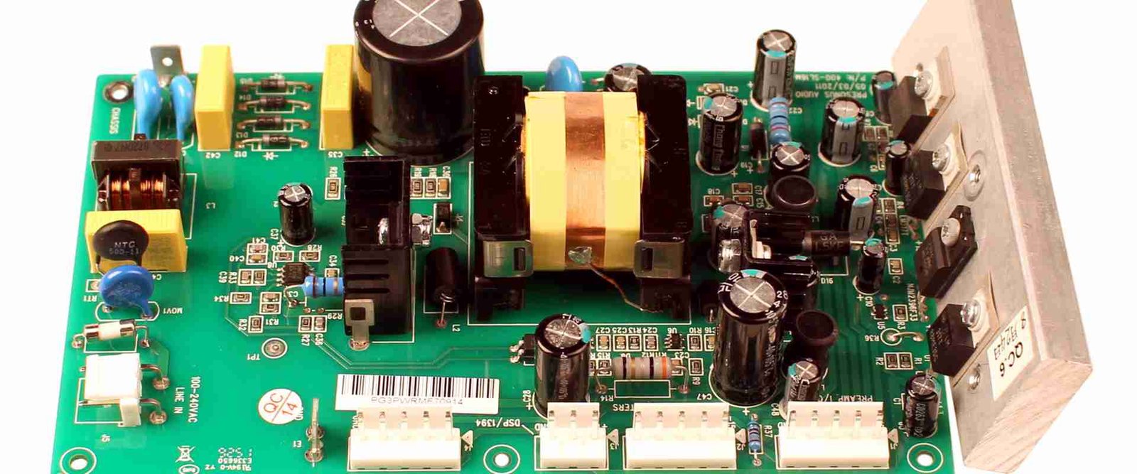 Power supply PCB assembly | GlobalWellPCB Power circuit-board assembly with large capacitors, magnetic components and connectors