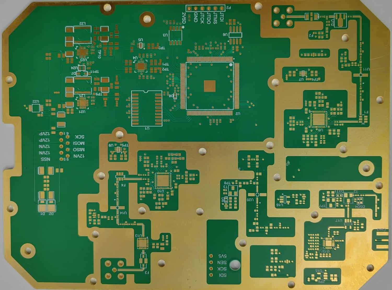 RF circuit board sample | GlobalWellPCB Top view of a green circuit-board sample with copper routing and contact pads