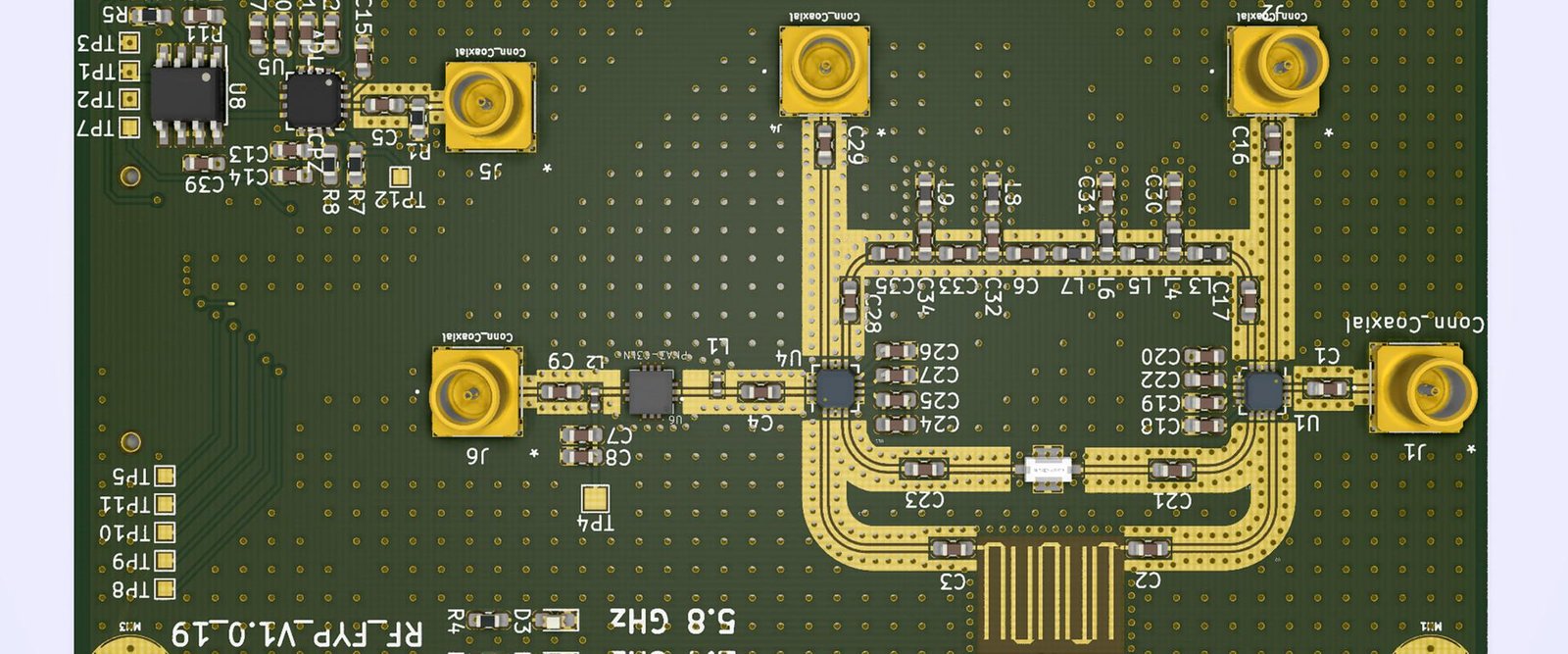 RF circuit board routing | GlobalWellPCB Green bare circuit board with RF-style trace patterns and large ground areas