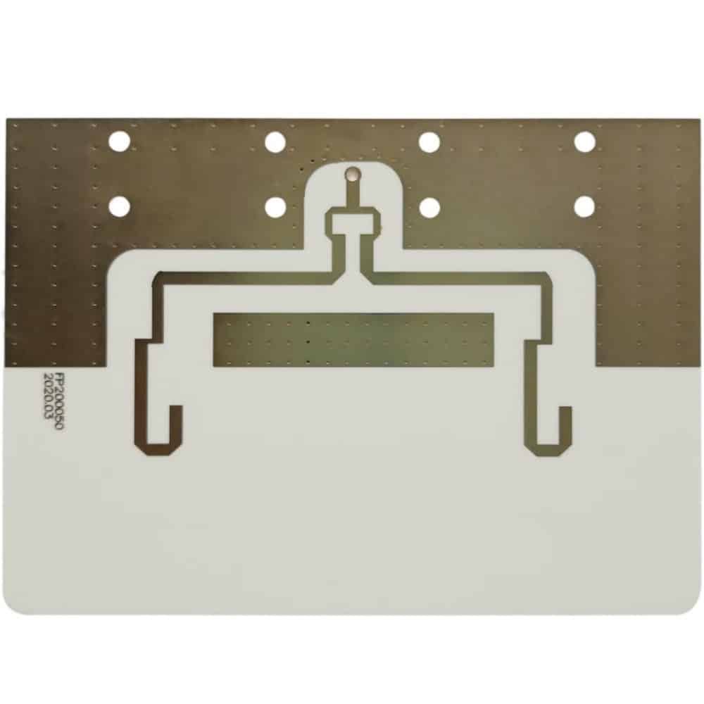 Patterned RF circuit substrate | GlobalWellPCB Light-colored circuit substrate with a broad metal area and an RF-style trace pattern