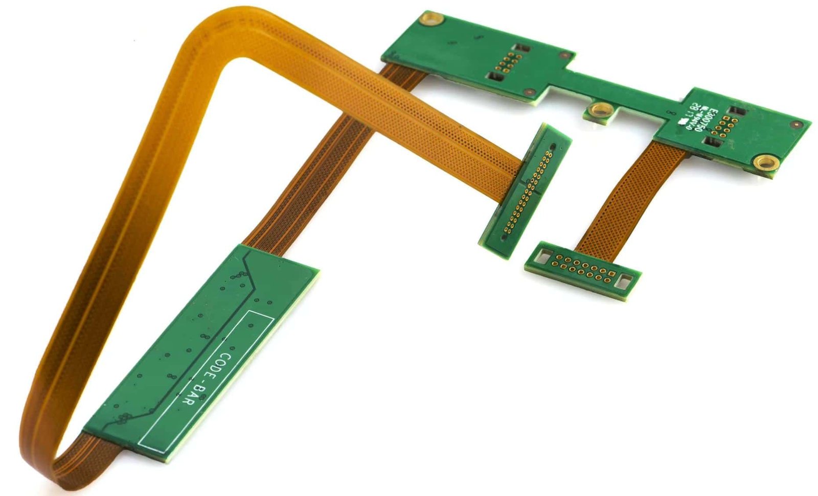 Folded rigid-flex circuit | GlobalWellPCB Green rigid circuit sections joined by folded amber flexible connections