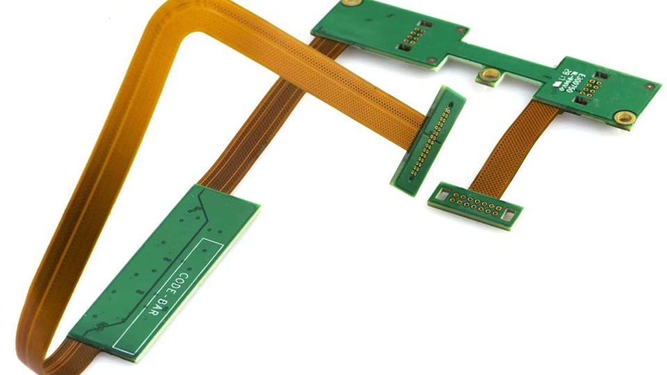 Folded rigid-flex circuit | GlobalWellPCB Green rigid circuit sections joined by folded amber flexible connections