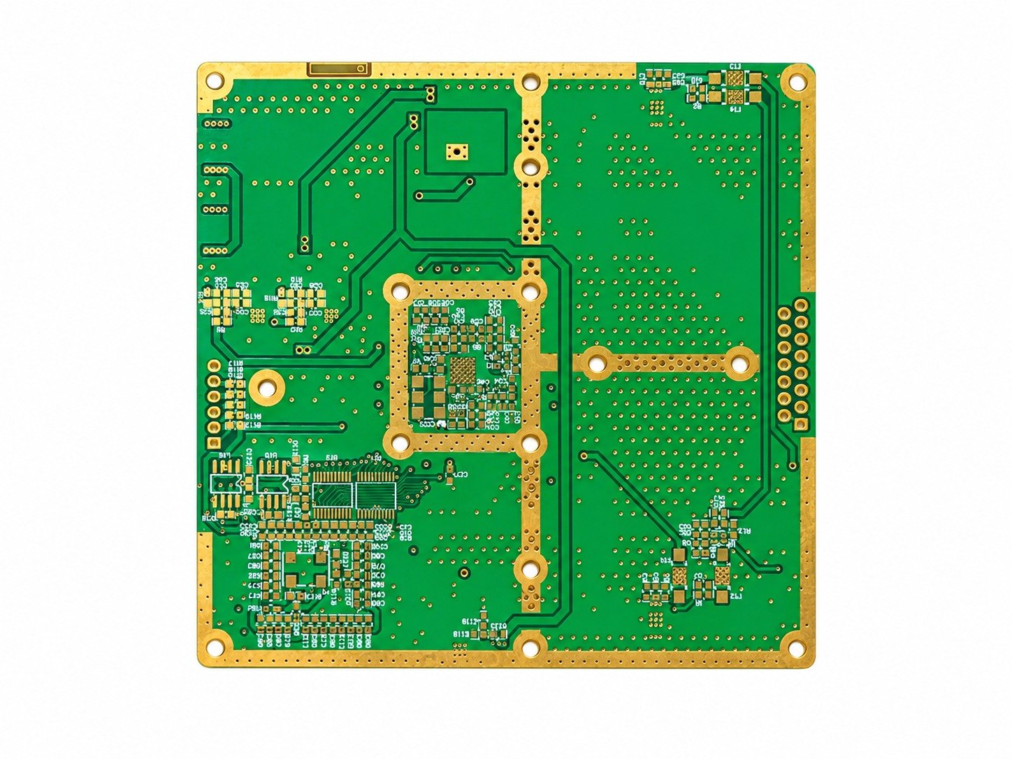 Rogers PCB Hero — Front-View Board Sample | GlobalWellPCB Front view of a green PCB with gold pads and mounting holes on a white background