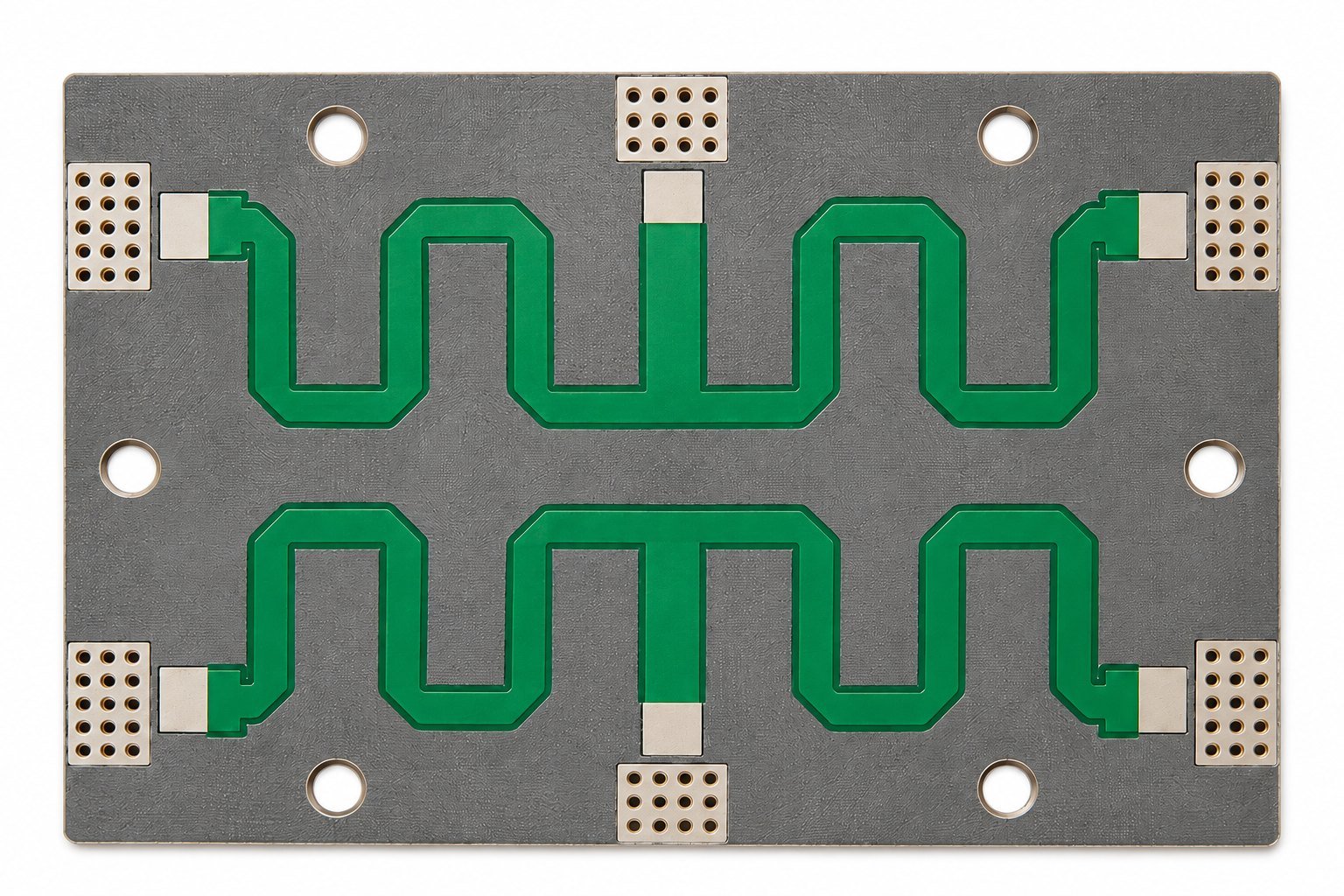 Serpentine RF Circuit Board | GlobalWellPCB Gray circuit board with two green serpentine trace rows, plated pad arrays and six mounting holes
