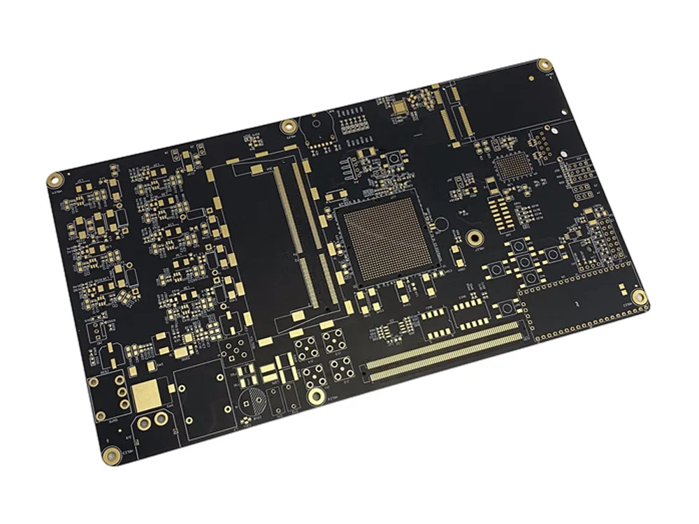 Black PCB with dense component pad arrays and gold-colored contact areas.