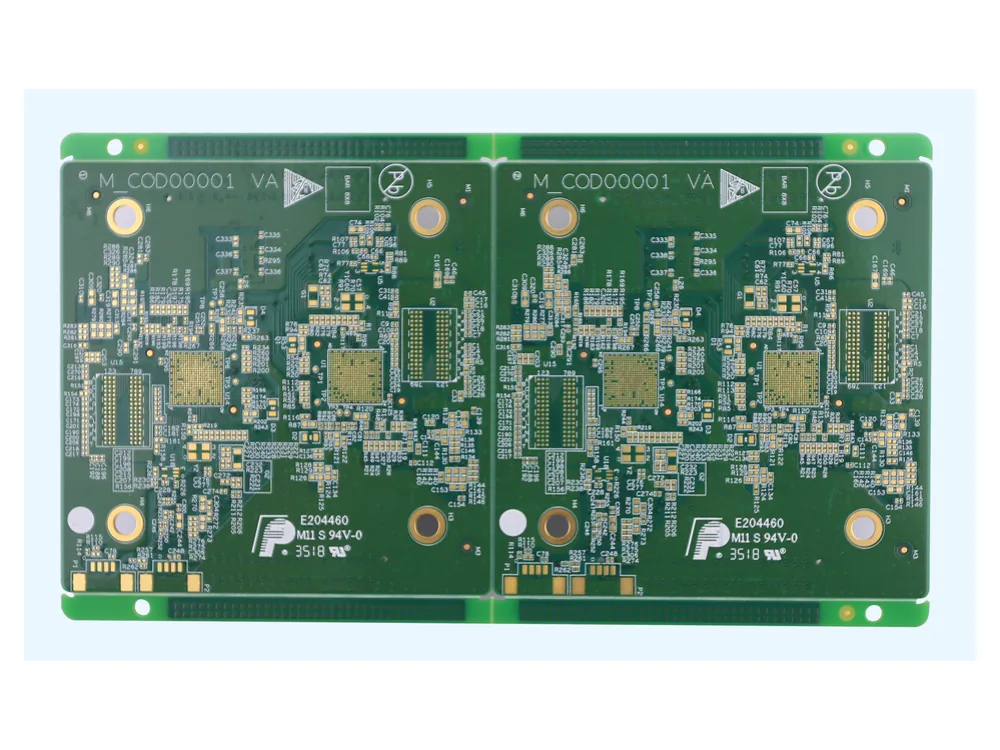 Two green bare PCB panels with dense component footprints and mounting holes.